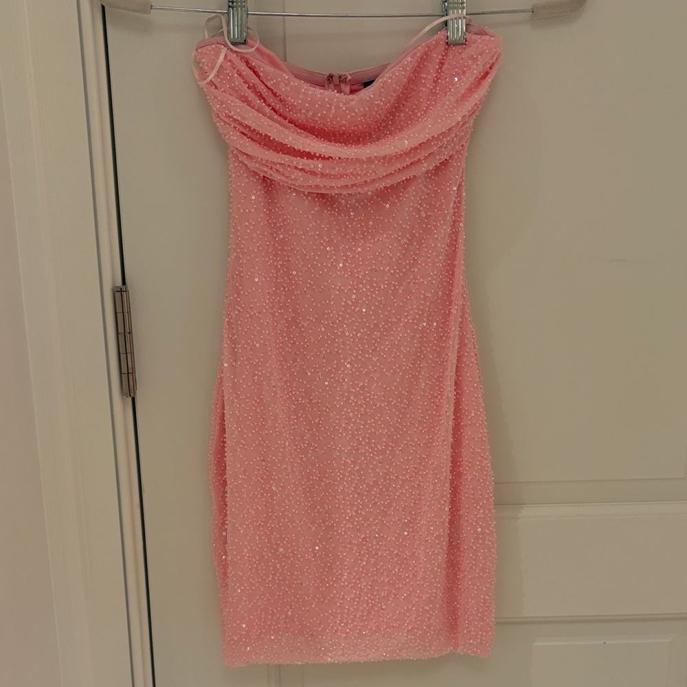 Windsor Pink Lena Strapless Bodycon Beaded Mesh Mini Dress